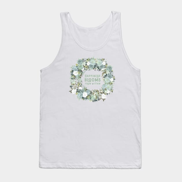 Happiness Quote Shabby Chic Watercolor Roses Tank Top by Blue Planet Boutique